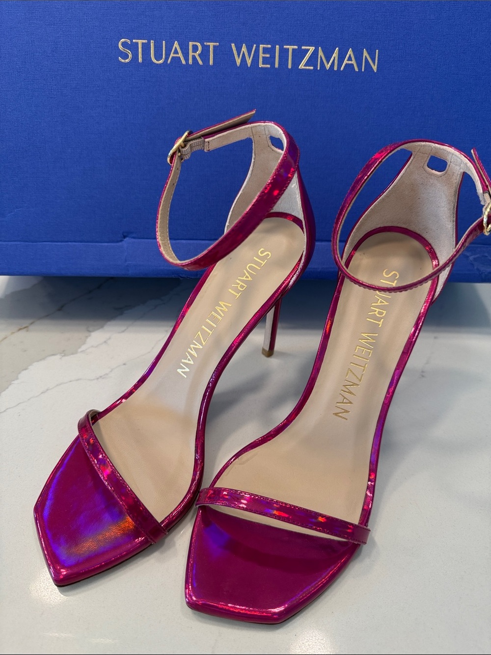 Stuart Weitzman Metallic Fuchsia Ankle-Strap Stiletto Sandals 8.5